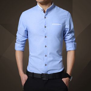 Hurtownia Mężczyzna Solidna Koszula 2017 Spring Business Casual Z Długim Rękawem Koszula Mężczyzna Slim Moda Stojak Kołnierz Koszula Marka Odzież 4XL 5XL