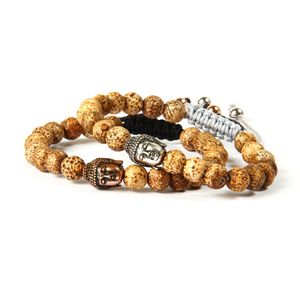 Buddhism Smycken Partihandel 10st / Lot Brun Stenpärlor Med Toppkvalitet Antik Silver Rose Gold Micro Pave Cz Buddha Armband