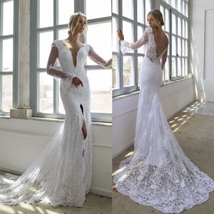 Riki Dalal 2019 Mermaid Split Abiti da sposa Maniche lunghe Sheer V Neck Full Applique in pizzo Abiti da sposa Backless Vintage Abito da sposa lungo