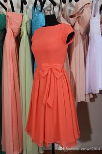 Coral Chiffon Bridesmaid Dress Knee Length Cap Sleeves Real Photo Short Formal Wedding Evening Wear Maid Of Honor Dresses Plus