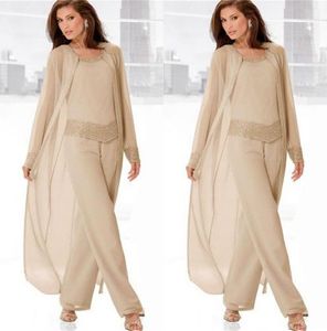 Champagne elegante mãe de pant de noiva ternos jóia pescoço barato beading vestido convidado com mangas compridas vestidos de mães chiffon