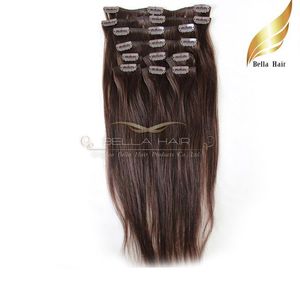Fashionable Human Hair Clip On Hair Extensions Natural Virgin Human Hair #2 Color Straight 20inch 100g/set Bellahair