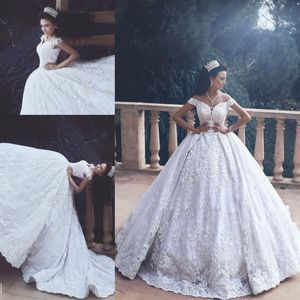 Amazing Full Lace Applique Wedding Dresses 2017 Off Shoulder Said Mhamad Ball Gown Bridal Gowns Beaded Lace Up Wedding Vestidos