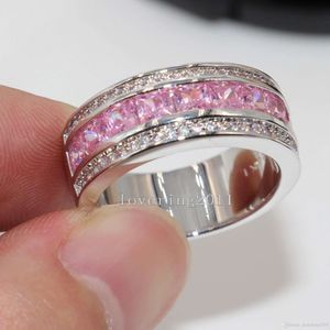 Prenses CUT Lüks Güzel Pembe Safir Diamonique 10KT Beyaz Altın Dolgulu Kadınlar Simüle Elmas Düğün Nişan pandora Yüzük hediye Sz5-11