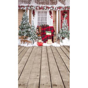 Outdoor Winter Snow Scene Photography Backdrops Decorated House Christmas Trees Gift Boxes Merry Xmas Studio Photo Background Wood Floor