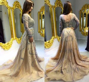 Luxury Beaded Long Sleeve Prom Dresses 2017 Spring Summer Sheer Back Sweep Train Evening Gowns Tulle Covered Champagne Formal Party Dresses