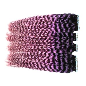 Extensões Do Cabelo ombre Humano 120 pcs Fita em kinky encaracolado Roxo / Rosa Trama Da Pele Extensões de Cabelo Da Fita 300g Fita Adesiva Pele Trama Do Cabelo