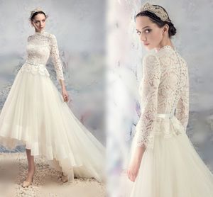 2017 Ivory Lace High Neck Wedding Dresses Long Sleeve Tulle High Low Bridal Gowns Back Covered Buttons Sweep Train Wedding Dresses
