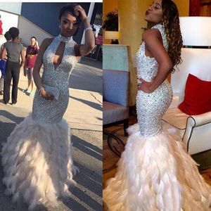 2016 Sparkly Mermaid Prom Dresses Sexy Bling Beaded Crystal Keyhole High Neck Luxury Elegant Ostrich Feather Formal Evening Party Gowns
