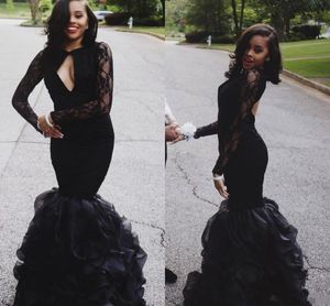 Sexy Black Lace Mermaid Prom Dresses With Illusion Long Sleeves 2k17 Open Front Backless Organza Ruched Evening Gowns Black Girls Dresses