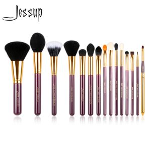 Jessup Pro 15 pcs Pincéis de Maquiagem Conjunto Em Pó Foundation Sombra Delineador Lip Brush Tool Ferramentas de Cosméticos Roxo E Ouro