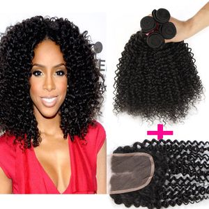 7A Brazilian Curly Virgin Hair 3 Bundles With 1 Top Lace Closure Free Or Middle Part Brazilian Kinky Curly Virgin Hair Bundles With Closure