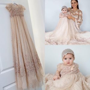 Bling Bling Champagne Baby Dopdening Kappor Fullständig Sequins Dop Outfits Bead Formell Spädbarn Tjej Använd med Bonnet