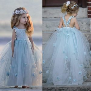 手作りの花の女の子の女の子の服の結婚式のスクエアネックノースリーブの最初の聖体床の床の長さ階層の誕生日ガウン