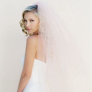 Blush Pink Veil 3-Layers Wedding Veils Fingertip Bridal Veil med metallkammar Illusion Tulle 35 