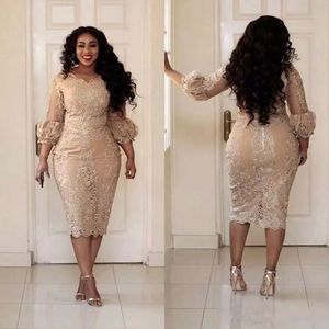 Plus Size Mother Of The Bride Dresses Lace Illusion 3/4 Long Sleeves Formal Evening Gowns Champagne Africa Tea Length Wedding Guest Dress