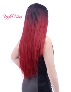 Ombre synthetic Wig Straight Burgundy Two Tone 1B 99J Wigs Ombre Hair Wig gift cap wigs adjustasble wig easy fashion healthy hair products