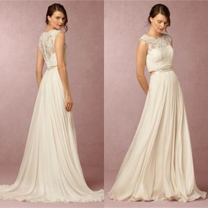 Fließende Zwei Stücke Böhmischen Hochzeitskleid 2016 Sexy Champagner Sheer Spitze Applique Jewel Neck Atemberaubende Eine Linie Chiffon Strand Brautkleider