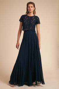 Dark Navy 2 Pieces Bridesmaid Dress Floral Lace Top and Chiffon Skirts Accept Custom made Wedding Party Dresses