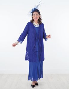 Royal Blue Lace Mother of the Bride Dresses With Jackets Juvel Neck Bröllop Gästklänning Chiffon Plus Storlek Ankle Längd Evening Gowns