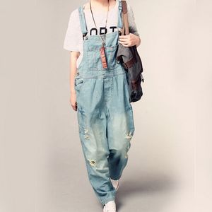 Partihandel- Nya kvinnors jumpsuit denim overaller 2017 vårens hösten casual rippade hål lösa byxor fickor jeans baggy rompers g175