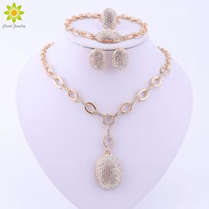 Conjuntos de jóias Para As Mulheres Banhado A Ouro Declaração Colar Brincos Pulseira Anel De Cristal Completo Vestido de Noiva Acessórios