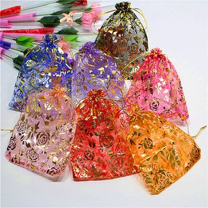 100pcs Gold Rose Organza Packing Bags Jewellery Pouches Favor Holders Wedding Party Christmas Gift Bag 5 x 7 inch
