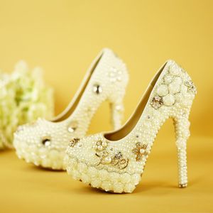 Gorgeous Design Handmade White Wedding Shoes Pearl with Folwer Platform Bridal Shoes Thin Heel Women Party Prom Pumps