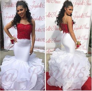 White Gold Mermaid Prom Dresses Sweetheart Spaghetti Straps Appliques Beading Satin Organza Tiered Backless White Red Evening Dresses