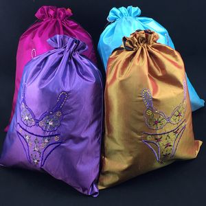 Portable Fine Embroidered Bra Underwear Travel Bags Drawstring Pouch Foldable Satin Cloth Storage Bag Women Reusable Dust Cover 10pcs/lot
