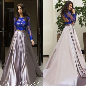 Charming 2020 Two Pieces Evening Dresses Long Sleeves Illusion Blue Crop Top Stretch Satin A Line Silver Skirt Formal Gowns Custom Size