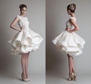 krikor jabotian New Cheap Short Wedding Dresses Jewel Neck Cap Sleeves Illusion Lace 3D Appliques Ball Gown Tiered Ruffles Bridal 225w