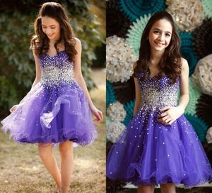 紫色のセクシーなオーガンザの女の子のページェントのドレス恋人のミニショートページェントンの飾りティーンクリスタルジュニアの花の女の子ガウン2017 8t 14tの女の子