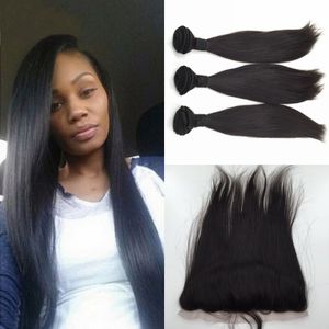 Free Middle Three Parts Straight Virgin Brazilian Lace Frontal Closures with 3 Bundles Human Hair Weave Cheap Brazillian Straight Weft