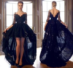 2016 Black Lace High Low Prom Dresses Sexy Off Shoulder Deep V Neck Backless Evening Dresses Chic 3/4 Sleeves Sequin Party Gowns