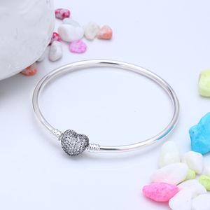 Fit European Beads Pandora 16-21cm 925 Silver Not Plated Heart Pave CZ Bracelet Snake Chain Bangle With Letter Stamp DIY on Sale