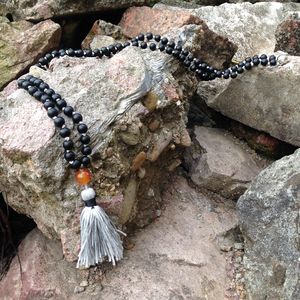 ST0186 108 Mala Bead Necklace Long Necklace with tassel Knotted Matte Black Onyx Stone Necklace Fancy Rosary Necklaces