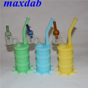 Glow in the dark silicone oil rig Silicon Hookah Bongs with clear double tube quartz banger nail and glass carb cap