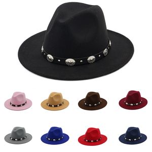 Brittisk stil ull jazz cap hatt för kvinnor vintage utumn vinter damer fedora hattar med metall bälte kvinnliga breda rand hattar gh-218