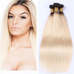 1b 613 Blondynka Ombre Włosy Wefts Platinum Blondynka Proste Dwa Tone Kolorowe Blondynki Dziewiczy Peruwiański Ludzki Przedłużanie Włosów 3 sztuk / partia