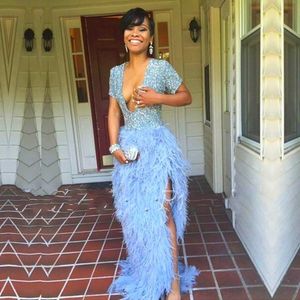 Gorgeous Feather Prom Dresses 2016 Blue Fur Split Evening Gowns Party Dress For Graduation Beaded Crystal Deep V-Neck Short Sleeve Robe de