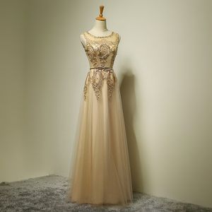 Zroszony Długa Koronkowa Tulle Suknia Wieczorowa Z Perłami Rose Gold 2016 Scoop Neck Suknie Wieczorowe Nowy Robe De Soiree