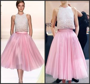 Two Pieces Dress Modern Hot Pink Tea Length Prom Dresses With Beadings Fashion Style Short Evening Dresses Formal Gown Cheap Party Dresses