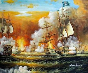 Pirate Ship Battle Ocean Sea Cannon Caribbean 1800s Seascape,Handpainted Modern Abstract Wall Art Oil Painting On Canvas Multi Sizes Jn096