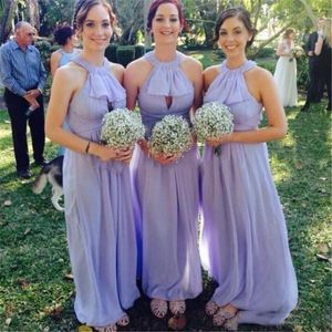Lavendel halter brudtärna klänningar sexig backless chiffong ruffles piga av ära klänningar golv längd bröllop gäst formell fest dräning
