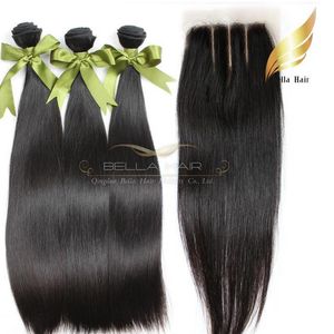 Malaysian Human Hair Weft With Lace Closure 3 Part Grade 8A Natural Color 8-34Inch Silky Straight Free Shipping Bellahair