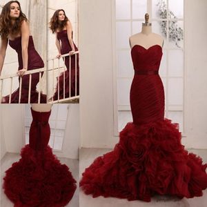 Burgundy Attractive Mermaid Prom Dresses Sweetheart Ruched Sleeveless Sash Layered Evening Dresses Gossip Girl Sweep Trian Organza Prom Gown