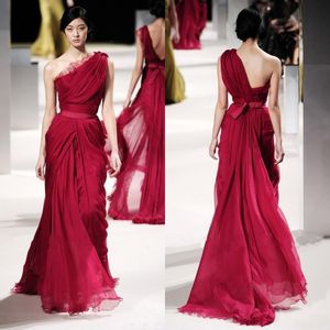 Modest 2016 Mörk röd chiffong Elie Saab Long Aftonklänningar Billiga En Shoulder Lace Ruched Sash Formell Red Carpet Dress Custom Made EN9098