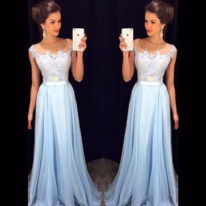 Top Blue Lace Appliques Long Prom Dresses Scoop Neck Floor Length Chiffon Evening Party Dress Party Elegant Formal Dress
