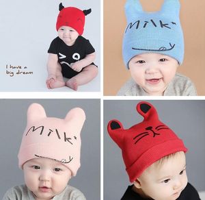 12485 New Spring Autumn Baby Beanies Kids Cartoon Cat Leite Letters Knit Hat Child Girl